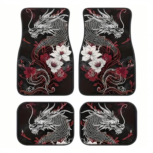 Universal Fit Car Floor Mats Set of 4Pcs, Dragons and Flowers Print All-Weather Front Rear Car Carpet Mats, Non-Slip Car Floor Mat Car Accessories for Automotive Trucks SUV Sedans Vans - color: Dragons and Flowers