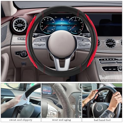 Red Film Splicing Leather Steering Wheel Cover, Microfiber Leather, Anti-Slip, Breathable, Universal Fit for 14.5–15 in Steering Wheel Cover for Men Women - color: Film-Grained - Red