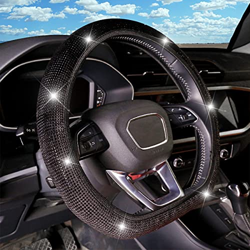 Car Bling Rhinestones Steering Wheel Cover with Sparkling Crystal Dimond, Anti-slip Steering Wheel Protector, 15 inch Elastic Universal for Cars, Vehicles, SUVs, Bling Car Interior Accessories (Black) - color: Black