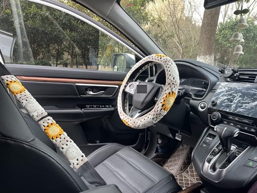Handmade Crochet Sun Moon Car Steering Wheel Covers Universal 14-15 inch,Cute Steering Wheel Cover,Car Accessories (Wheel Cover+2belt Cover+2Coaster+Hanging) - color: wheel cover+2belt cover+2Coaster+hanging