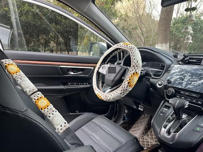 Handmade Crochet Sun Moon Car Steering Wheel Covers Universal 14-15 inch,Cute Steering Wheel Cover,Car Accessories (Wheel Cover+2belt Cover+2Coaster+Hanging) - color: wheel cover+2belt cover+2Coaster+hanging