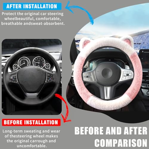 Car Steering Wheel Cover, Cute Steering Wheel Protector with Kitty Cat Ears,Fluffy Soft Plush for Winter Warm, Universal Fit 15 inches for Car,SUV, Elastic & Anti-Slip (Pink/White) - color: Pink/White
