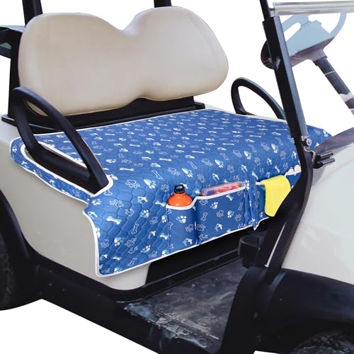 Golf Cart Seat Covers, Universal Golf Cart Seat Towel Blanket with 4 Front Pockets & Nonskid Bottom Fits for EZGO, Yamaha, Club Car and More 2 Person Seats Golf Carts - color: Blue Dog Paw Bone