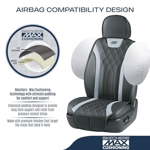Skechers MAX Cushioning Car Seat Covers,Memory Foam Leather Car Seat Protectors, Airbag Safe Waterproof Sideless Front Seat Covers with Storage Pocket,Universal Fit for Cars Trucks SUV, Gray 2PCS