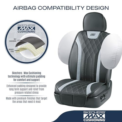 Skechers MAX Cushioning Car Seat Covers,Memory Foam Leather Car Seat Protectors, Airbag Safe Waterproof Sideless Front Seat Covers with Storage Pocket,Universal Fit for Cars Trucks SUV, Gray 2PCS