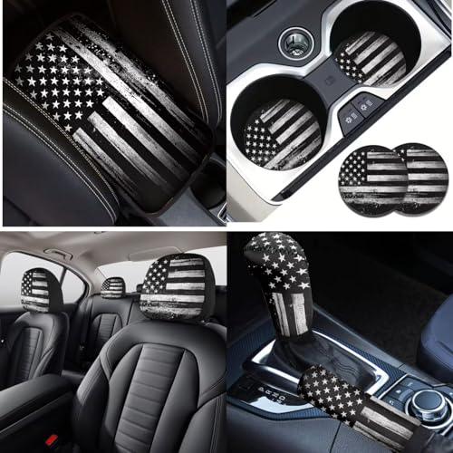 16 Piece Car Interior Cover Set, American Flag Printed Car Front Rear Seat Covers with Steering Wheel Protector Center Console Covers Seatbelt Pads Head Rest Cover Cars Coaster, Universal Fit - color: Black and White - American Flag