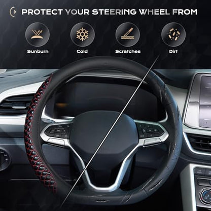 Coverado Car Steering Wheel Cover, Nappa Leather Black & Redline Steering Wheel Covers, Universal 14-15 inch, Anti-Slip, Breathable Steering Wheel Protector for Women Men - color: C-Red