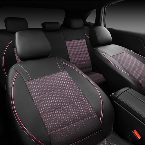 CAR PASS Piping PU Leather Car Seat Cover Full Set,Inside Zipper Design and Reserved Opening Holes，Airbag Compatible,Universal FIT for Car, SUVs,Van,Trucks（Full Set, Black & Pink） - color: Black and Pink