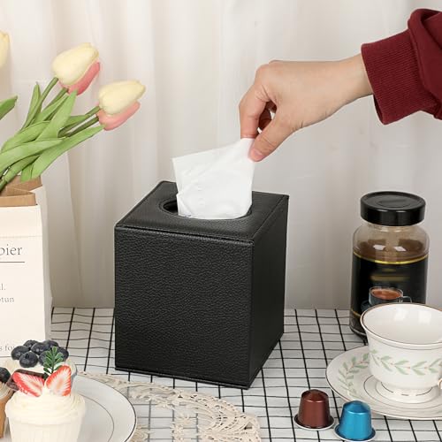 Sumnacon Tissue Box Cover Square Tissue Box Stylish PU Tissue Box Holder with Magnetic Bottom,Leather Cube Tissue Cover for Living Room Bathroom Bedroom Table Desk Home Office Car, Black - color: Black