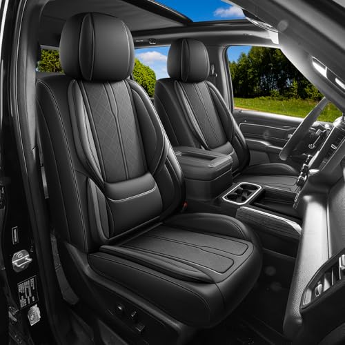 Seat Covers Custom Fit for Chevy Silverado GMC Sierra 2007-2026 1500/2500/3500 HD Crew Cab Pickup Truck Seat Cover Protector Cushion with Faux Leather Waterproof (Front Seat-Black)