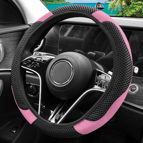 Elastic Stretch Steering Wheel Cover, Warm in Winter and Cool in Summer, Universal 15 inch Microfiber Breathable Ice Silk Anti Slip Car Interior Accessories, Odorless, (Black Pink) - color: Pink