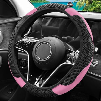 Elastic Stretch Steering Wheel Cover, Warm in Winter and Cool in Summer, Universal 15 inch Microfiber Breathable Ice Silk Anti Slip Car Interior Accessories, Odorless, (Black Pink) - color: Pink