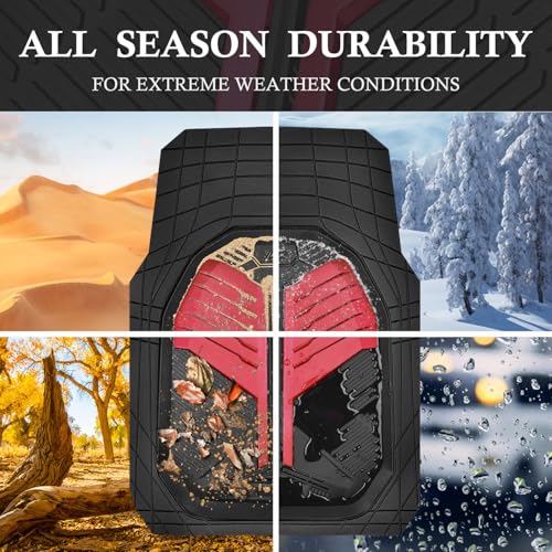 CAR PASS Heavy Duty Rubber Car Mats, Deep-Dish Car Floor Mats All Weather, Universal Two-Tone Trim-to-Fit for SUVs Trucks Sedans, Waterproof Anti-Slip, 3 Pieces V12 Black and Metallic Red - color: Red and Black