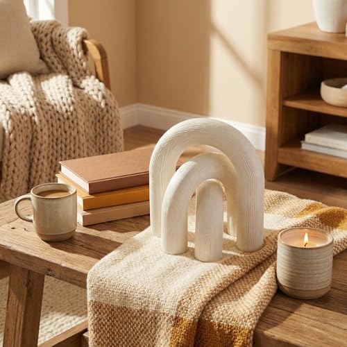 Yerliker 2 Pack Wood Chain Link and Arch Decor White Wooden Shelf Decor for Shelves, Coffee Table Sculpture, Bookshelf Accessories, Entryway Table Decorations