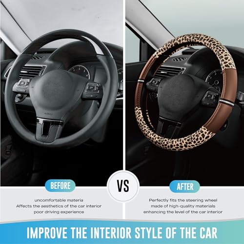 Road Comforts Leopard Steering Wheel Cover for Women, Cute Anti-Slip Microfiber Leather, Universal Fit 14.5-15 Inch Round Steering Wheel - Brown