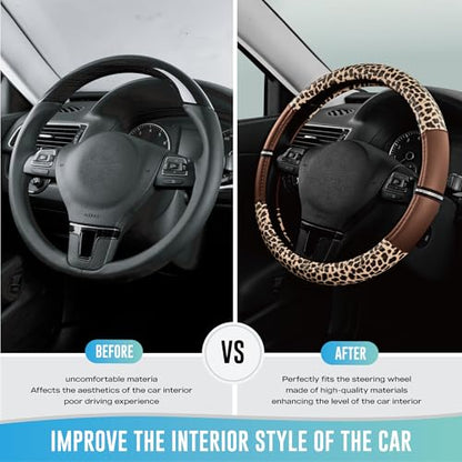 Road Comforts Leopard Steering Wheel Cover for Women, Cute Anti-Slip Microfiber Leather, Universal Fit 14.5-15 Inch Round Steering Wheel - Brown