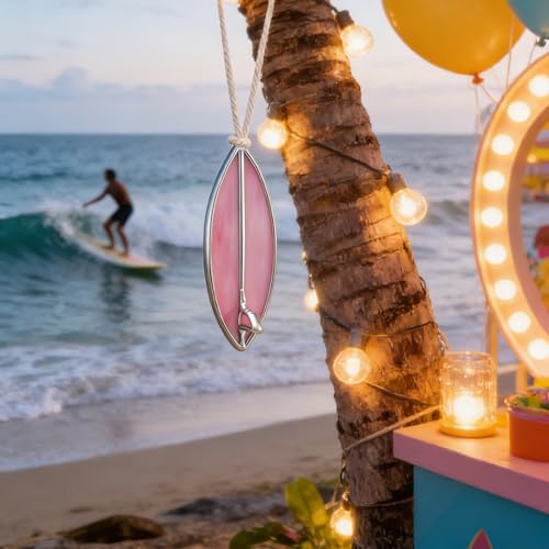 Surfboard Car Decor Charm Beach Rear View Mirror Accessories Stained Glass Car Accessories Ocean Decor Hanging Sun Catcher Surfer for Women Man (Pink)