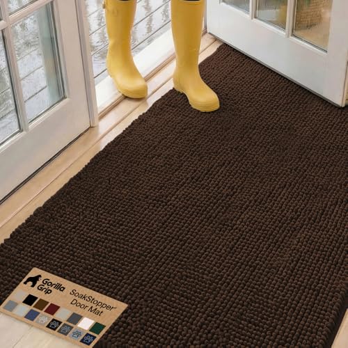 GORILLA GRIP SoakSTOPPER Dog Door Mat, 60x36 Machine Washable Rug Absorbent Doormat Captures Moisture Mud Dirt, Quick Dry Soft Chenille Entryway Rugs Indoor Entrance Mats for Dog Paws, Brown - color: Brown, size: 60" X 36"