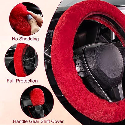 SEG Direct Furry Car Steering Wheel Cover with Fluffy Gear Shift Cover Soft Warm Non-Slip Car Decoration for Women Girls 2 PCS Set, Red