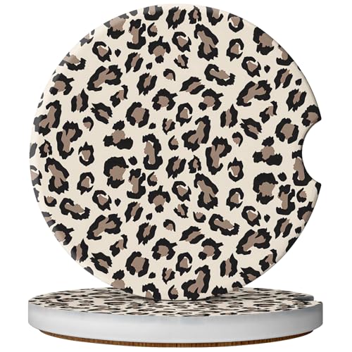 2 Pack Car Coasters for Cup Holders, Absorbent Ceramic Cup Coaster with Cork Base and Finger Notch, Cute Car Accessories Interior for Women Men (Leopard-Yellow) - color: Leopard-yellow