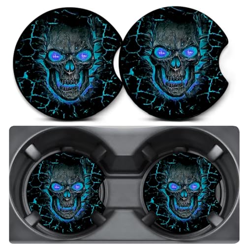 2 Pack Car Coasters for Cup Holders,Blue Skull Skeleton Car Cup Holder Coasters,2.75" Universal Size Anti Slip Rubber Mat,Automotive Interior Accessories,Car Cup Holder Decor,Gifts for Women Men Mom - color: Skull - Blue