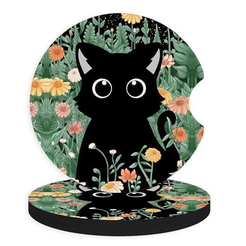2pcs Cute Black Cat Car Coasters,Absorbent Universal neoprener Cup Holder Coasters with a Finger Notch,Car Accessories for Women&Man Interior，2.75" 3 - color: Cute Black Cat 3
