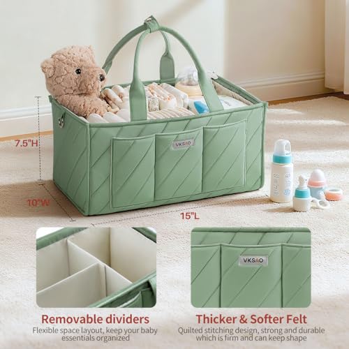 Baby Essentials Diaper Caddy Organizer – Portable Storage Basket with Shoulder Strap & Stroller Hooks, Splashproof Quilted Nursery & Car Tote, Gender Neutral Gifts for Baby Shower, Sage Green