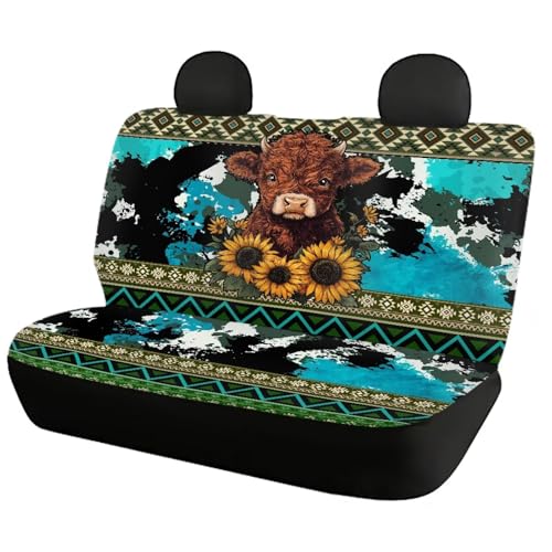 Howilath Aztec Sunflower Highland Cow Car Seat Cover Full Set 4-Piece Universal Fit Front & Rear Bench Car Seat Covers Auto Accessories Fit SUV Sedan Van - color: Aztec Sunflower Highland Cow
