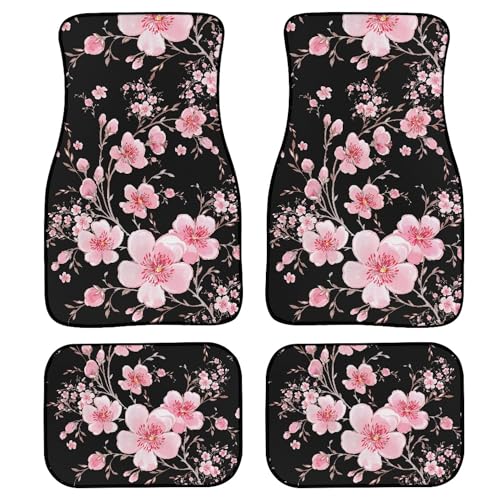 Cherry Blossom Car Floor Mats Watercolor Hand Drawn Blooming Branches Beautiful Flowers Floor Mats for Cars Universal Vehicle Front Rear Foot Carpet Rugs All Weather Fit for Trucks Sedans - color: Pink Black