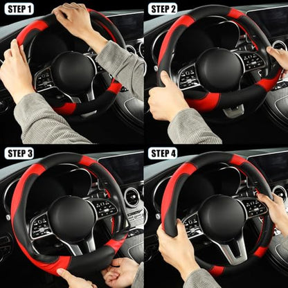 Microfiber Leather D Shaped Steering Wheel Cover, Breathable, Anti Slip, Universal 15 inch, Black with Red - color: Black Red, size: D Shape-Middle[14.5''-15'']