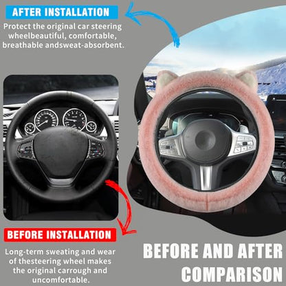 Car Steering Wheel Cover, Cute Steering Wheel Protector with Kitty Cat Ears,Fluffy Soft Plush for Winter Warm, Universal Fit 15 inches for Car,SUV, Elastic & Anti-Slip (Pink) - color: Pink