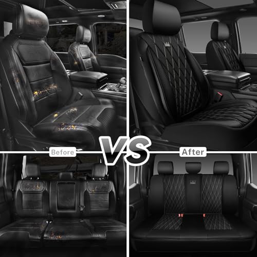CAR PASS Thick Foam 3D Mesh Leather Car Seat Covers Full Set, Luxury Breathable Premuim Faux Leather Automotive Seat Covers, Airbag Compatible Universal Fit for Most Sedan Van Truck SUV, Pure Black
