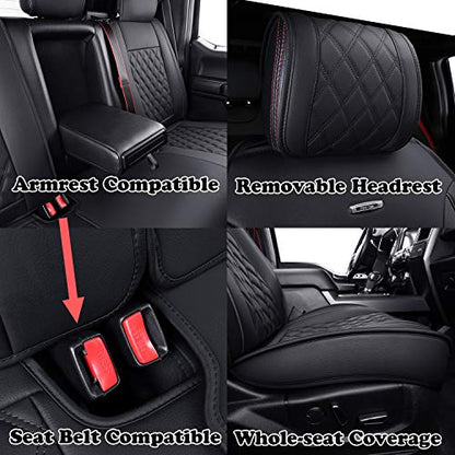 Full Set Car Seat Covers Custom Fit 2009-2026 Ford F150 Crew Cab and 2017-2026 F250 F350 F450 Super Duty Pick-up Truck, Automotive Vehicle Cushion Cover with Waterproof Leather (Black)