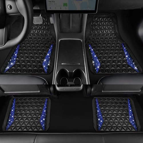 CAR PASS Bling Diamond Car Mats Rubber Floor Mats Full Set Anti-Slip 3D Rhombus Waterproof Trim to Fit Liner Universal Glitter Crystal Sparkly Shining Rhinestone Girl Women SUV Sedan Van, Black Blue - color: Blue Diamond