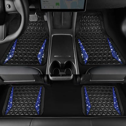 CAR PASS Bling Diamond Car Mats Rubber Floor Mats Full Set Anti-Slip 3D Rhombus Waterproof Trim to Fit Liner Universal Glitter Crystal Sparkly Shining Rhinestone Girl Women SUV Sedan Van, Black Blue - color: Blue Diamond