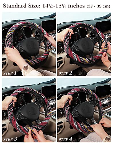 SEG Direct Boho Steering Wheel Cover with Baja Blanket Cloth, Ethnic Style Auto Wheel Cover Made of Coarse Flax, Fits 14 1/2-15 1/4 inches Car Wheel - color: Rich Fuchsia