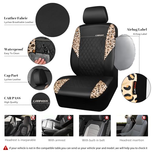 CAR PASS Leopard Print Faux Leather Car Seat Covers & Leopard Car Mats&Leopard Steering Wheel Cover Seat Belt Pad Universal Car Accessories for SUV,Van,Saden,Truck Automobile Interior Sets