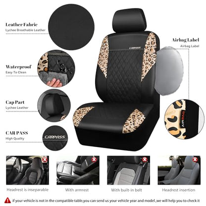 CAR PASS Leopard Print Faux Leather Car Seat Covers & Leopard Car Mats&Leopard Steering Wheel Cover Seat Belt Pad Universal Car Accessories for SUV,Van,Saden,Truck Automobile Interior Sets - color: Leopard combo