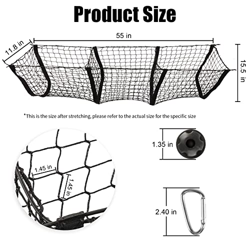 Heavy Duty Mesh Cargo Net, 3 Pocket Trunk Bed Storage Organizer Compatible for SUV, Car, Pickup Truck Bed, Etc.with 4 Metal Hooks (11.8×11.8×47.3 Inch), Black