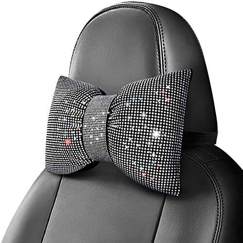 surpassme 2PCS Rhinestone Car Headrest Neck Pillow for Driving with Bling Bling Crystal Bow Pillow Car Accessories for Women (Silver/White)