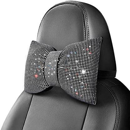 surpassme 2PCS Rhinestone Car Headrest Neck Pillow for Driving with Bling Bling Crystal Bow Pillow Car Accessories for Women (Silver/White)