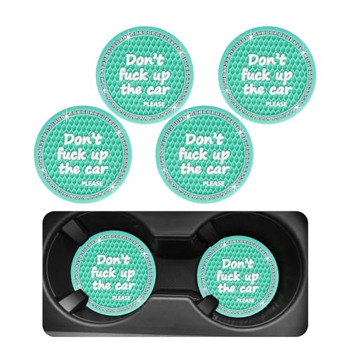 Bling Car Cup Coaster, 2.75 Inch Non-Slip Don't Fuck Up My Car Please Cup Holder Insert Coaster, Crystal Rhinestone Auto Drink Cup Mat, Universal Car Accessories (Green-4PCS)