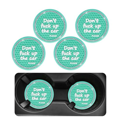 Bling Car Cup Coaster, 2.75 Inch Non-Slip Don't Fuck Up My Car Please Cup Holder Insert Coaster, Crystal Rhinestone Auto Drink Cup Mat, Universal Car Accessories (Green-4PCS)
