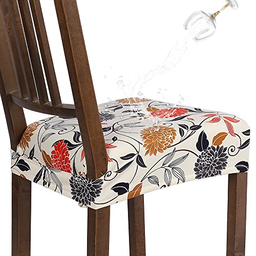 Water Repellent Dining Chair Seat Covers Set of 6, Washable Stretch Seat Covers for Dining Chairs, Rear-Covered Dining Room Seat Cover Protector(Orange Flower) - color: Orange Flower, size: 6pcs-rear Covered