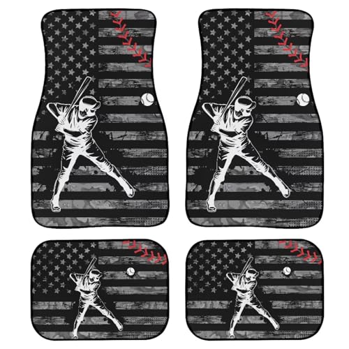 Baseball Print Car Floor Mats Set of 4 Retro American Flag Sports Ball Universal Vehicle Floor Carpet Decorative Auto Front Rear Foot Rugs for Trucks SUV Sedan - color: Black