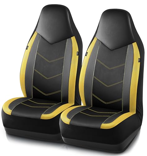 PIC AUTO Leather Car Seat Covers, Sports Carbon Fiber & Mesh Design, High-Back Two Front Set, Waterproof Automotive Seat Covers, Airbag Compatible, Universal Fit for Most Cars (Black & Yellow) - color: Yellow, size: Two Front