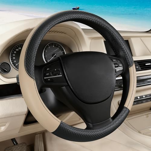 Black & Beige Car Steering Wheel Cover, Microfiber, Leather Patchwork, Universal 14.5-15 Inch Leather Anti-Slip Breathable Auto Steering Wheel Covers for Men Women - color: Black & Beige