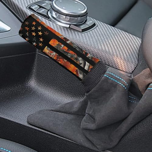 American Flag 2 Pcs Car Handbrake Cover and Gear Shift Protection Sets for Women Men Orange Camo Hunting Soft Stretchy Car Handbrake Protection and Gear Shift Knob Cover, Universal Fit - color: American Flag Orange Camo Hunting