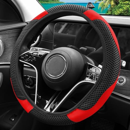 Elastic Stretch Steering Wheel Cover, Warm in Winter and Cool in Summer, Universal 15 inch Microfiber Breathable Ice Silk Anti Slip Car Interior Accessories, Odorless, (Black Red) - color: Red