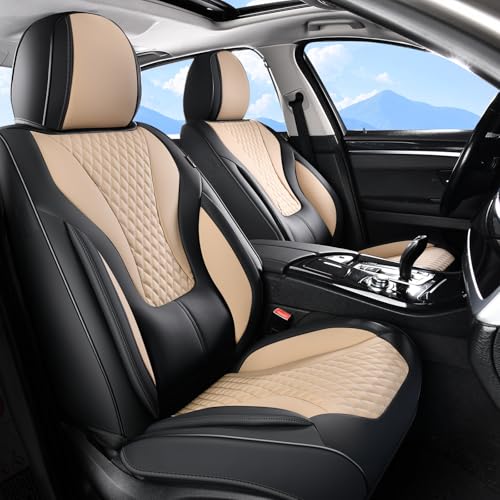Coverado Waterproof Nappa Leather Car Seat Covers, Automotive Seat Covers，Front Car Seat Cushion & Car Seat Protector, Black&Beige Seat Covers Universal Fit for Most Cars, SUVs, Trucks - color: Black&Beige, size: Front